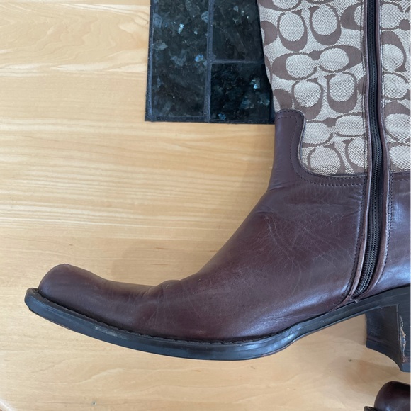 Coach Olivia P156 G2 Tall Heeled Boot Logo Signature Jacquard Brown Leather 7.5 - Picture 8 of 16